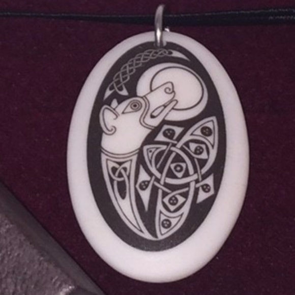 Touchstone Pottery Jewelry - Celtic Dog with Moon Porcelain Pottery Pendant